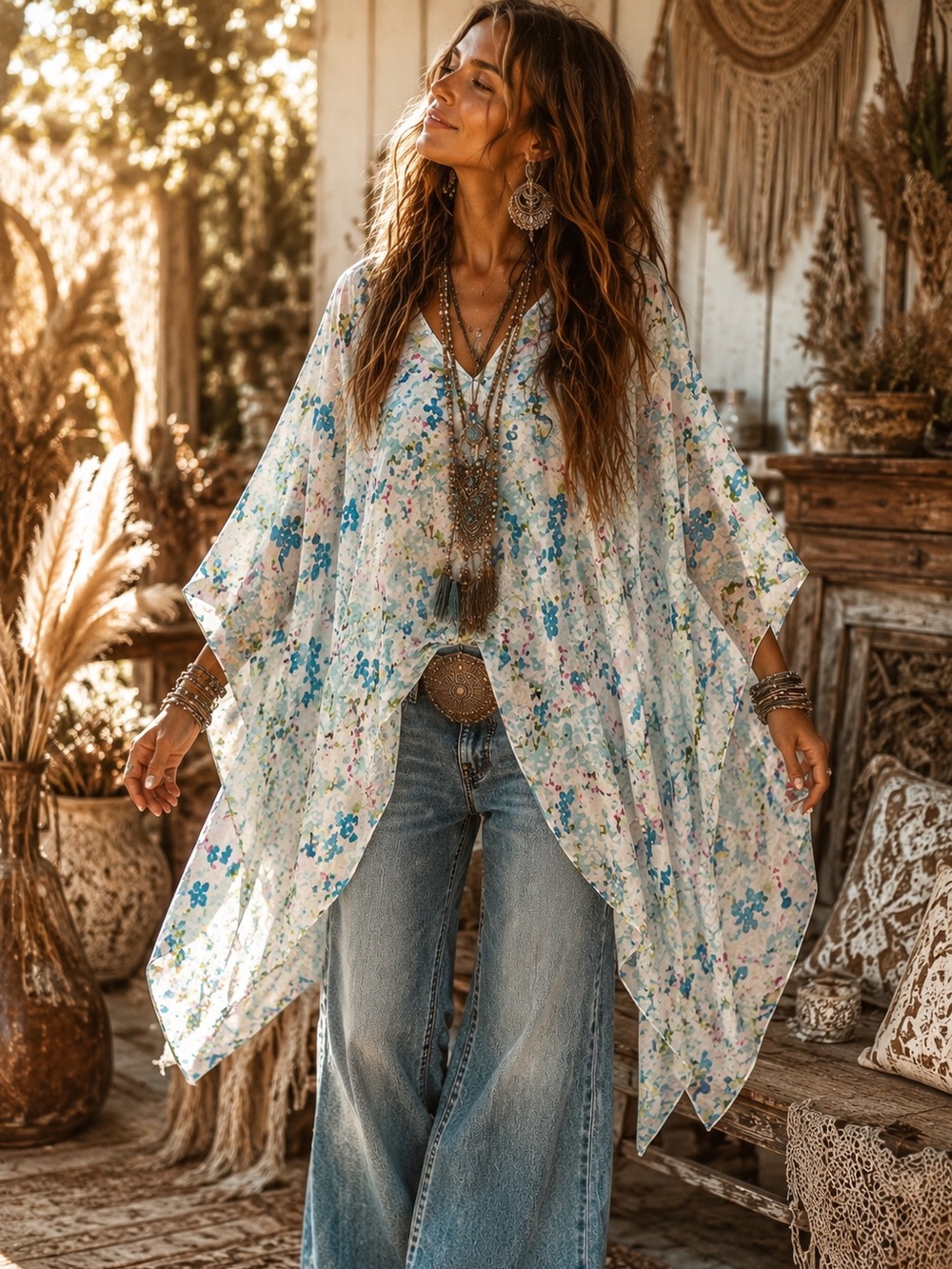 Lightweight Floral V-Neck poncho - Blue, Green & Pink